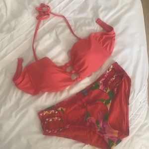 Aerie bikini set | strapless, coral & floral
